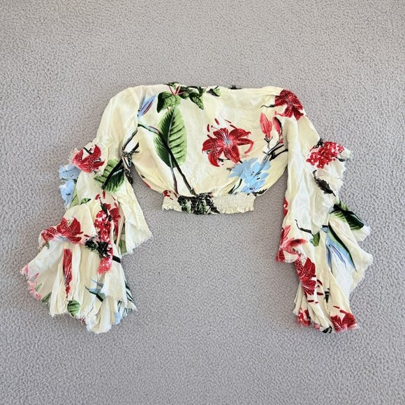 ZL Europe Blouse Yellow Floral Ruffle Bell Sleeve Boho Festival Top - Picture 10 of 10